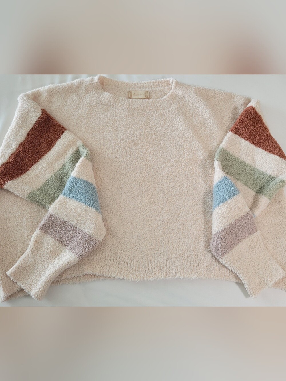 Altr'd State Cozy Cream Pullover Sweater with Multicolor Striped Sleeves